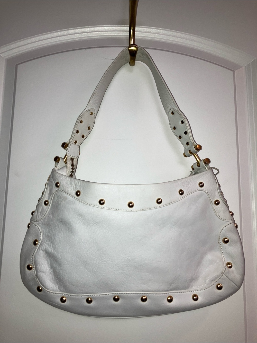 VIA SPIGA WOVEN LEATHER GOLD STUDS HOBO HANDBAG White